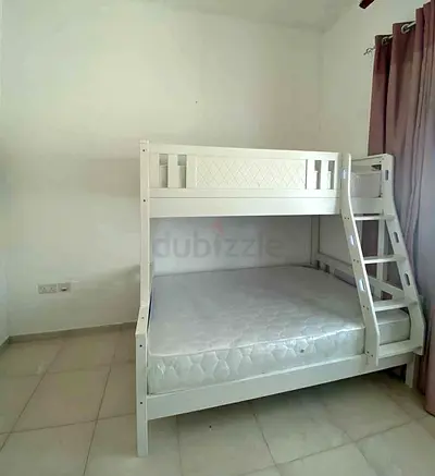 White Wooden Bunk Bed with Ladder - Double on Bottom, Single on Top