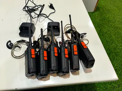 Set of 6 Motorola-style Two-Way Radios with Chargers and Earpieces