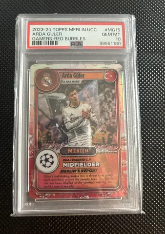 2023-24 Topps Merlin UCC Arda Guler PSA 10 - Gamers Red Bubbles (09/10)
