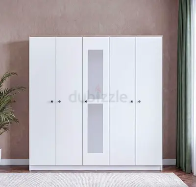 White 5-Door Wardrobe with Center Glass Panel — Good Condition