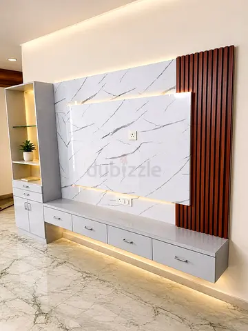 Wall-mounted TV Entertainment Unit with Marble Finish and LED Lighting