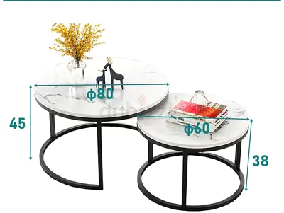 Set of 2 Round Marble-Top Nesting Coffee Tables with Black Metal Base