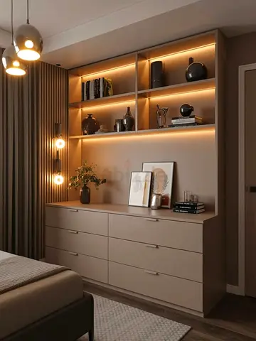 Modern Built-in Dresser with Illuminated Display Shelves