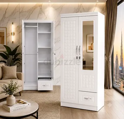 White 2-Door Wardrobe with Mirror and Drawer