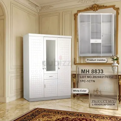 White 3-Door Wardrobe with Mirror & Drawer New For Sale
