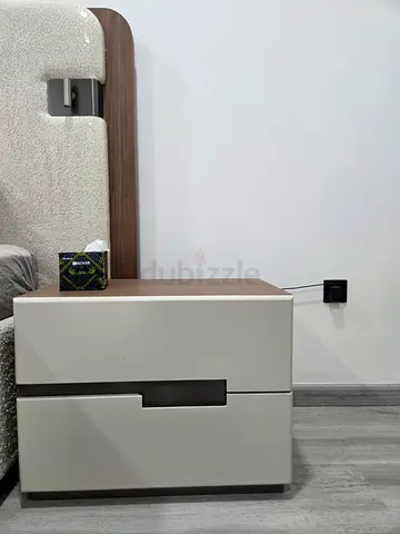 King upholstered bed with matching modern nightstand with Mattress - beige