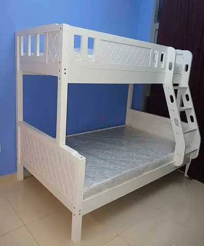 White Wooden Bunk Bed - Single over Double, with Ladder (Good Condition)