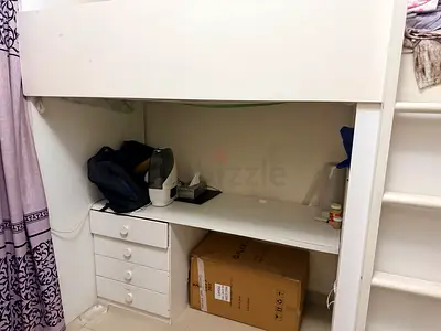 White loft bed with built-in desk and drawers - good condition