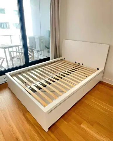 White platform storage bed frame with headboard - good condition