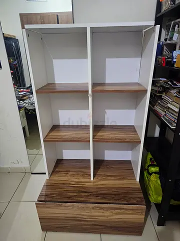 White and wood open bookcase with 2 drawers - good condition