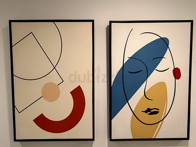 Pair of Modern Abstract Framed Wall Art Prints - Minimalist Faces and Shapes