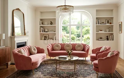 Pink Velvet 3+2Seater Sofa Set with Armchairs — Good Condition