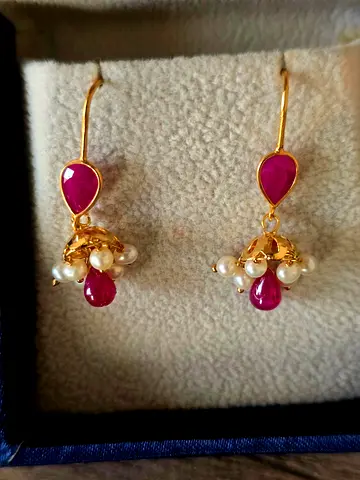 18K Gold Ruby & Freshwater Pearl Drop Earrings