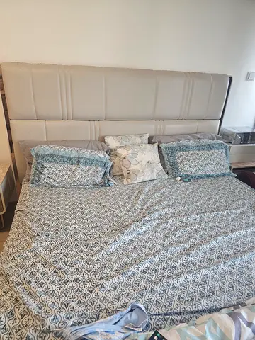 Beige Upholstered King Bed Frame with Headboard