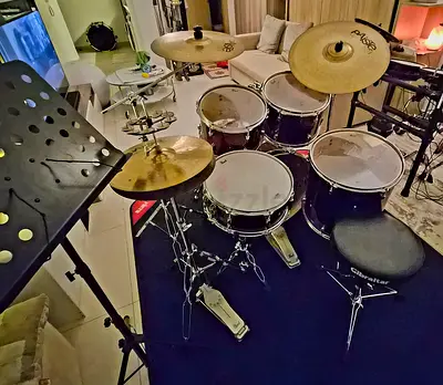 Pearl export drum kit with Paiste cymbals Gibraltar throne vic firth carpet and note stand.