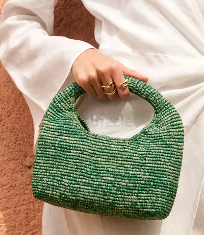 Manebi Half Moon Handmade in Madagascar Green Woven Rafia Handbag / Clutch - Small Tote Style