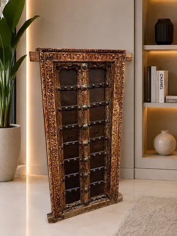 Antique Hand-Carved Wooden Door Panel with Metal Studs — Decorative Piece