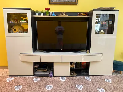 Modern White Entertainment TV Unit with Glass Display Cabinets