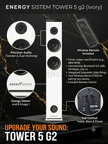 Energy Sistem Tower 5 G2 Ivory Floorstanding Speaker - Bluetooth, Subwoofer, Remote