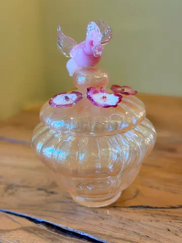 Murano Glass Covered Candy Jar with Bird & Flowers Finial (Damaged Flower) kitchen accessories