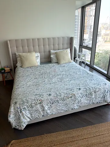 King Size Upholstered Bed Frame with Headboard - Light Grey and mattress