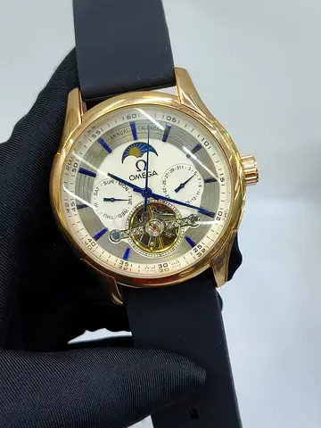Omega-style men's automatic tourbillon watch with moonphase - gold tone