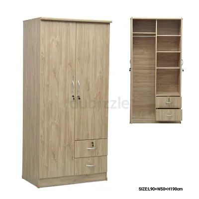 Light Oak 2-Door Wardrobe with Drawers - 90x50x190 cm