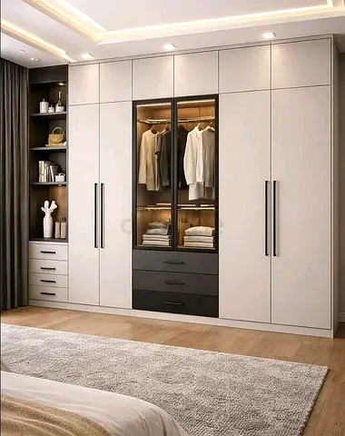 Large Modern Built-in Wardrobe with Glass Display & Drawers