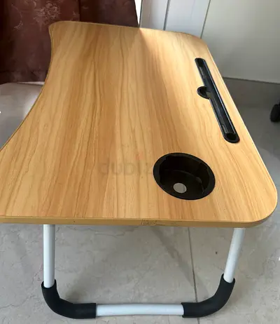 Portable foldable laptop bed table with cup holder and phone slot