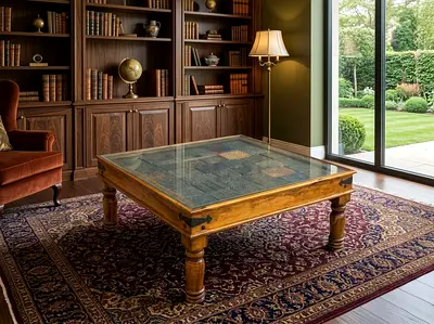 Large Vintage Wooden Square Coffee Table with Glass Top