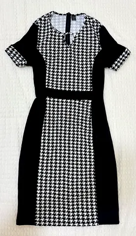 SHEIN Houndstooth Below-Knee Bodycon Dress | Black & White Office Dress | Size M