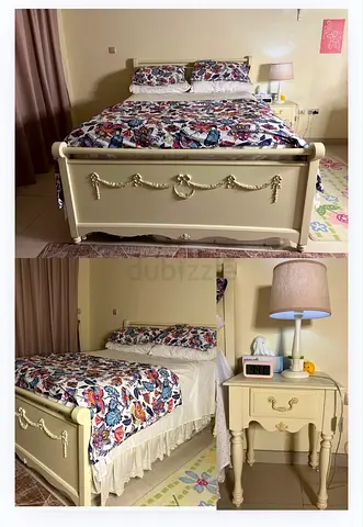 Cream carved Queen bed with matching bedside table and dresser - good condition