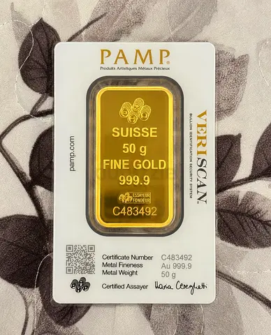 PAMP Suisse 50g 999.9 Fine Gold Bar — Sealed Veriscan Certificate