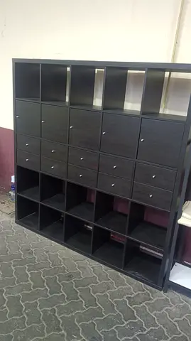 Large Black Multi-Compartment Storage Shelf with Drawers