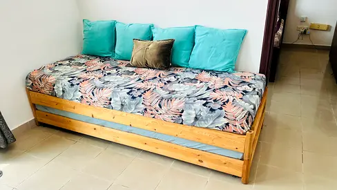 Double wooden daybed with mattress and cushions - good condition