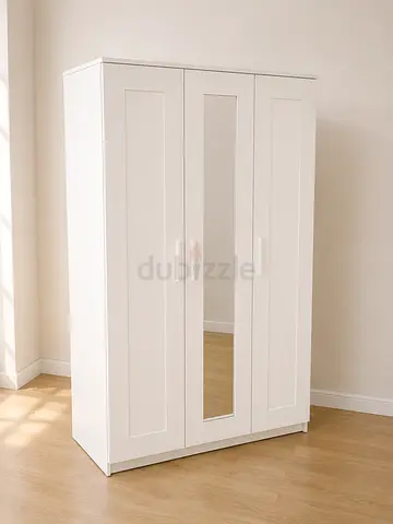 White 3-Door Wardrobe with Center Mirror