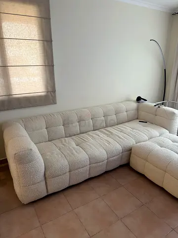 Modern White Bouclé L-Shaped Sofa with Ottoman