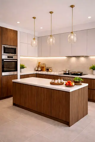 Modern wooden kitchen island with marble top and pendant lights