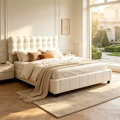 Light beige button tufted headboard queen size bed