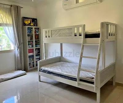 White wooden bunk bed (double on bottom) with mattresses - good condition
