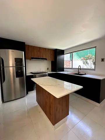 Modern black and wood kitchen with island - complete fitted unit