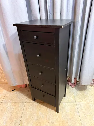 Tall narrow 5-drawer wooden chest — dark brown