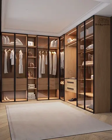 Modern L-shaped Walk-in Wardrobe Closet with Glass Doors