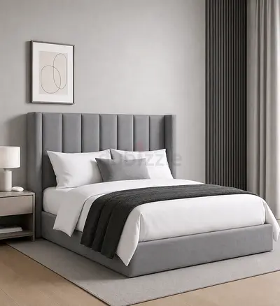 New Grey upholstered king bed with tall channel-tufted headboard