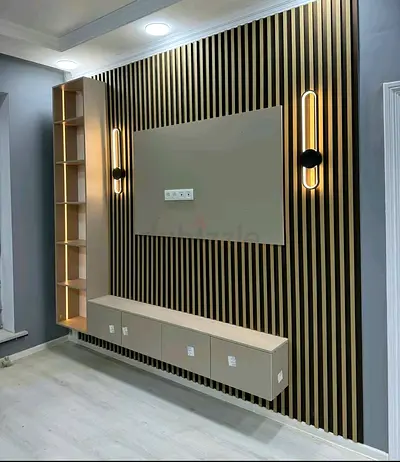 Modern wall-mounted entertainment unit with slatted wood feature and storage
