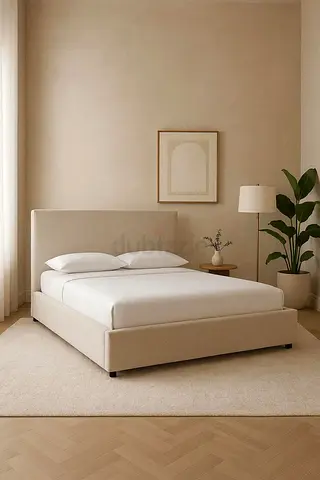 Beige Upholstered Bed with Headboard - Minimal Design
