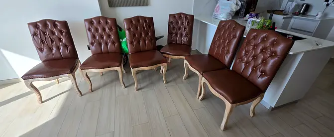 Set of 6 Brown Leather Button-Tufted Dining Chairs with Light Wood Frame