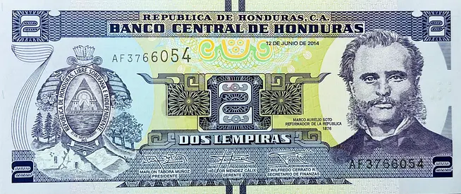 HONDURAS 2 LEMPIRA BANKNOTE CURRENCY OF HONDURAS