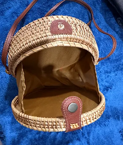 Round Rattan Crossbody Bag with Leather Trim - NEW