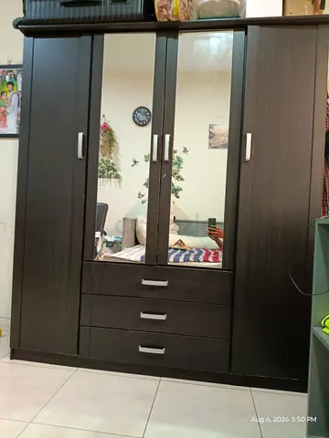 Modern Dark Brown Wardrobe with Mirrored Doors and Drawers